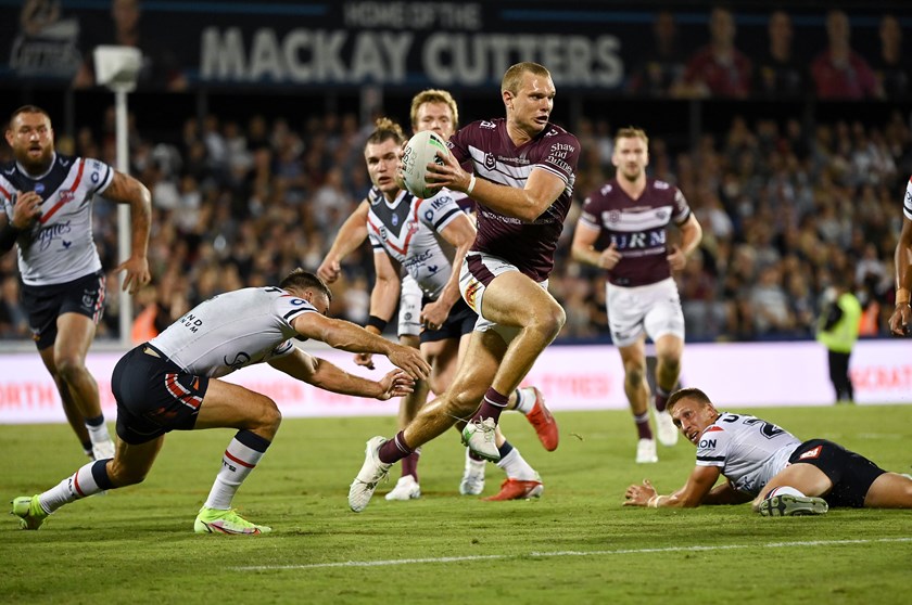 Tom Trbojevic takes on the Roosters in Mackay