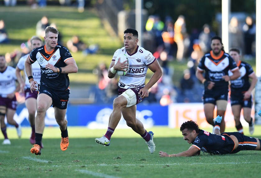 Wollongong, Australia. 29th July, 2023. Tolutau Koula of the Sea Eagles  celebetrates after scoring a try during the NRL Round 22 match between the  St. George Illawarra Dragons and the Manly Warringah
