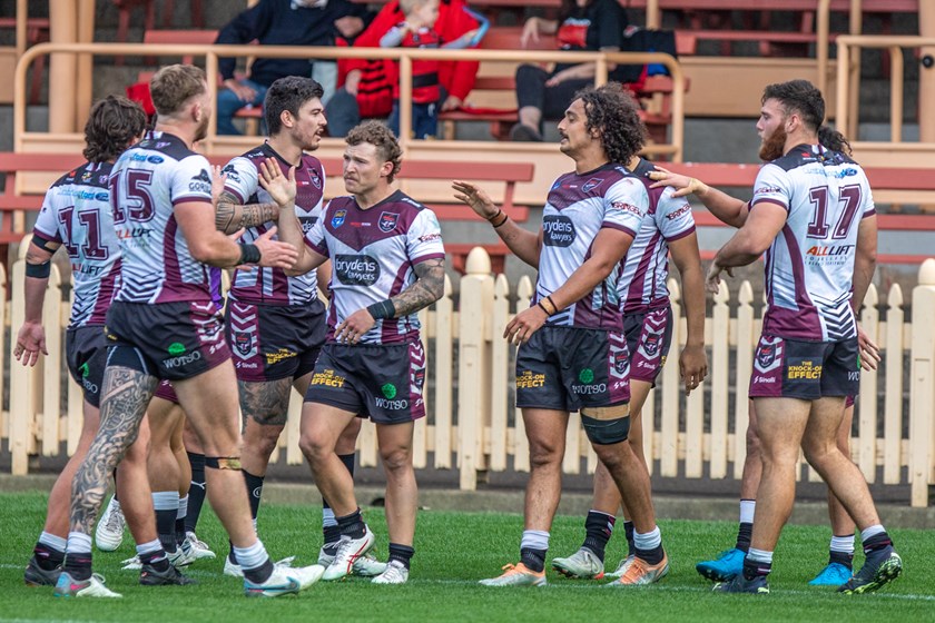 Blacktown Workers celebrate one of their tries in the win over the Bears.