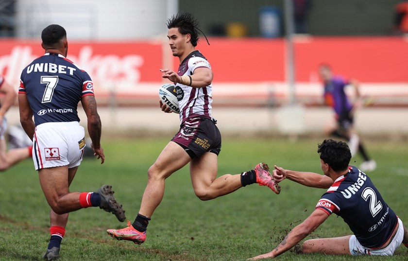 Bootlace...full-back Kaeo Weekes takes on the Roosters at Wentworth Park on Sunday.