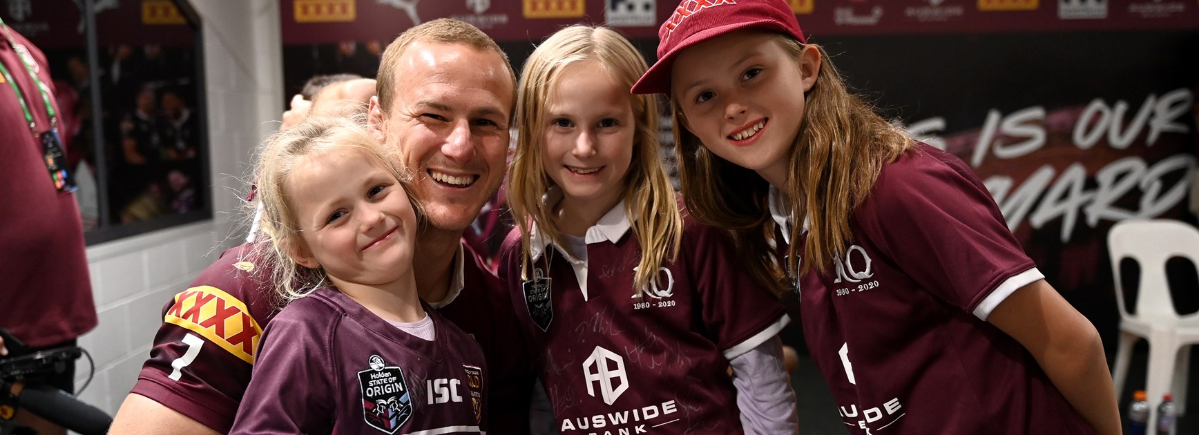 Proud family...Daly Cherry-Evans with his daughters Tully (left), Harvie (centre) and Navi