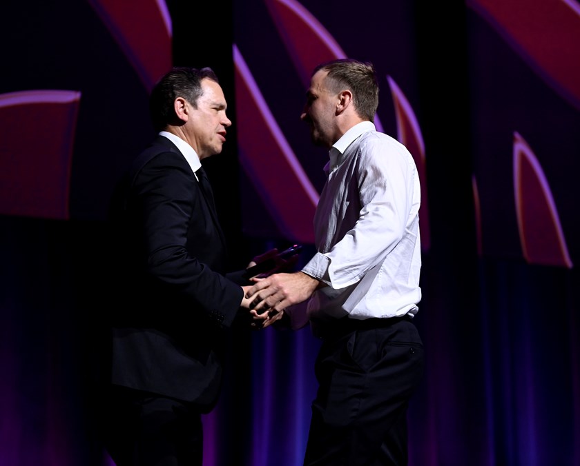 Sea Eagles CEO Tony Mestrov presents Lachlan Croker with his Club Person of the Year award