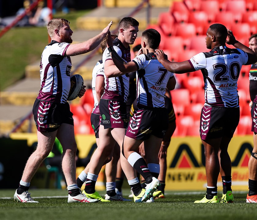 Second-rower Brad Parker celebrates his try