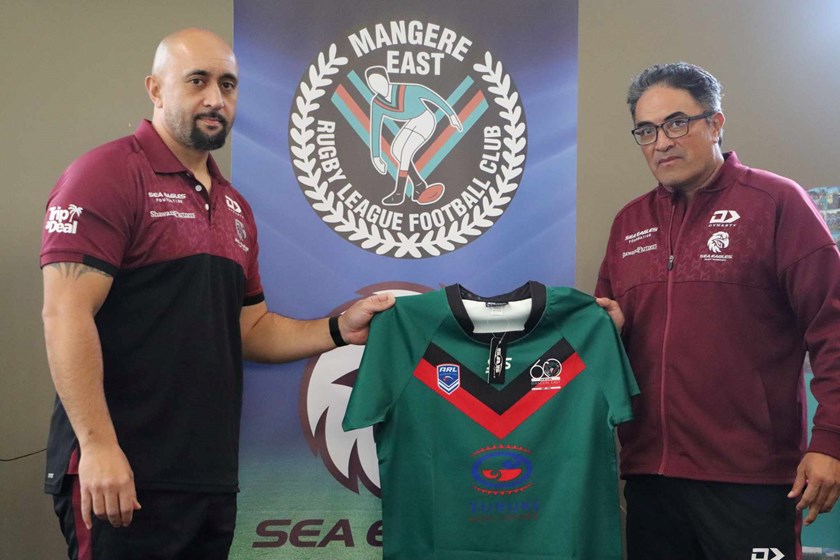 Nik Wolfgramm and Keith Hanley at the Mangere East Hawks partnership announcement in May