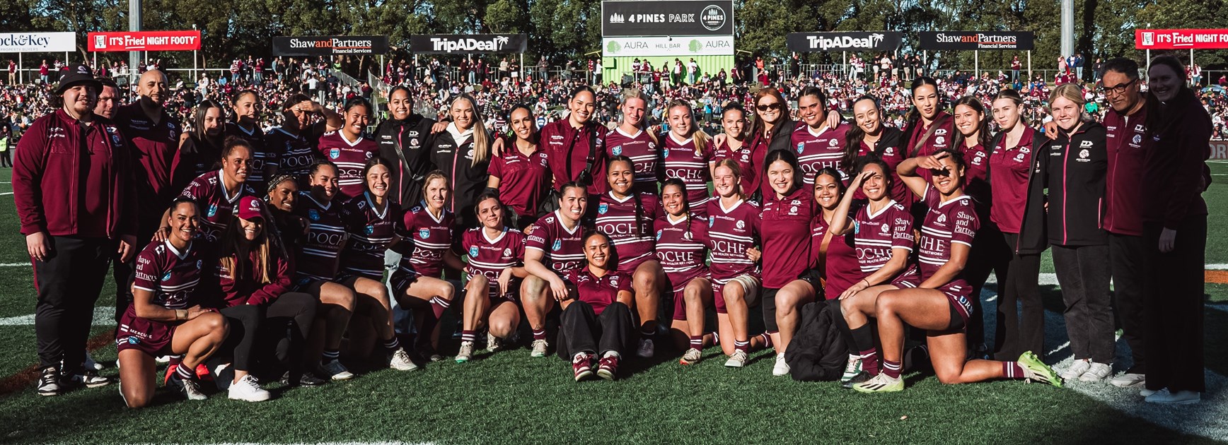 Proud moment...Sea Eagles players and staff celebrate their historic first win in the Harvey Norman Women's NSW Premiership