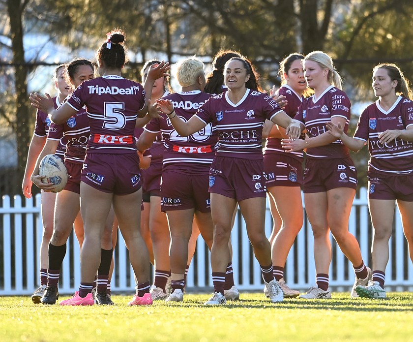 Manly celebrate winger Pier Pritchard's try