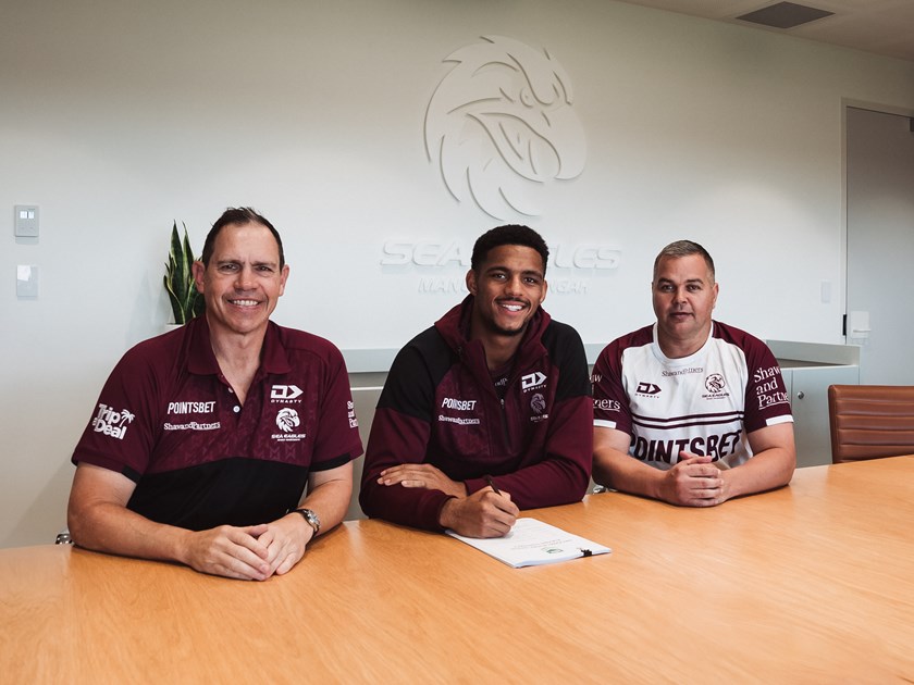 Great news...Jason Saab signs his contract extension alongside Manly CEO Tony Mestrov (left) and Coach Anthony Seibold
