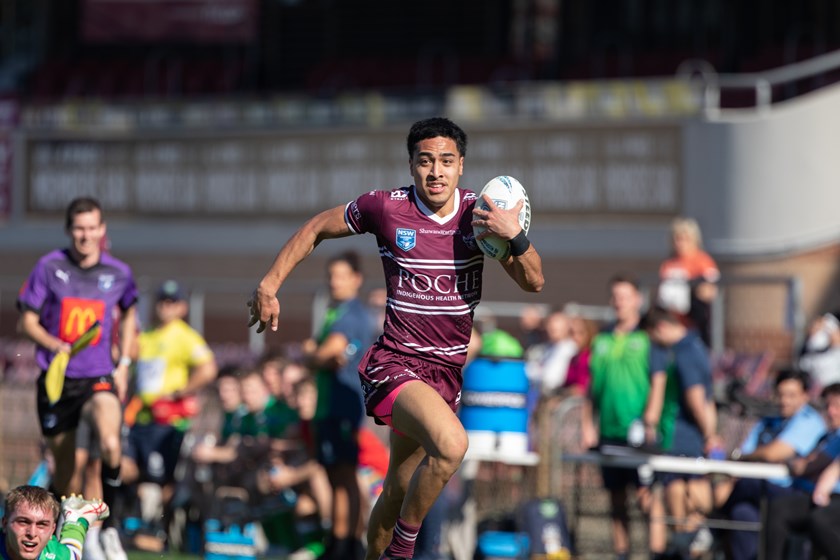 Lehi Hopoate on his way to the try line  for Manly in the 2023 Jersey Flegg Cup