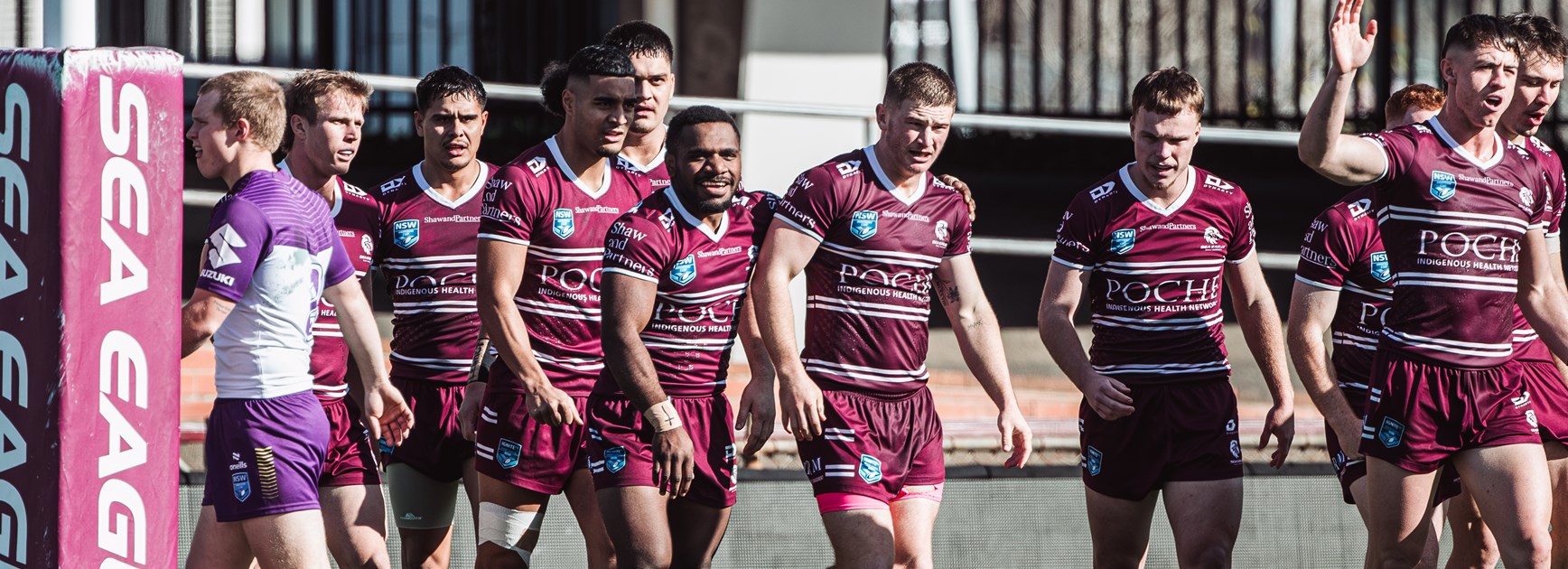 Happy times...the Sea Eagles celebrate a try against the Storm today