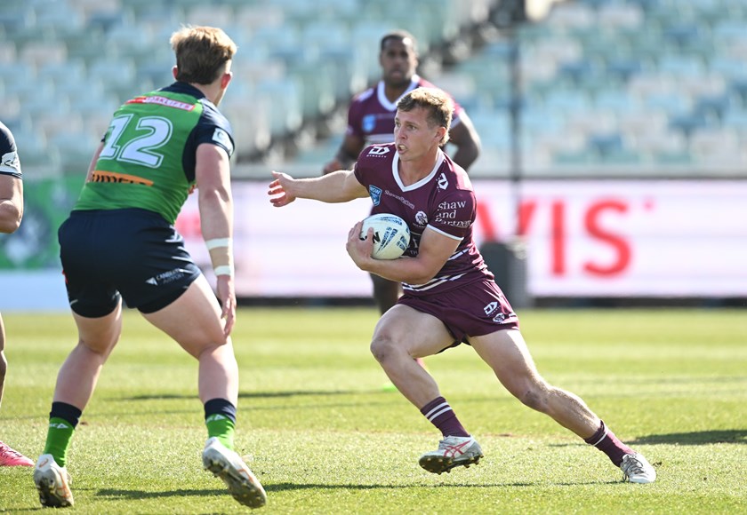 Manly hooker and captain Daniel O'Donnell looks for a gap against the Raiders at GIO Stadium