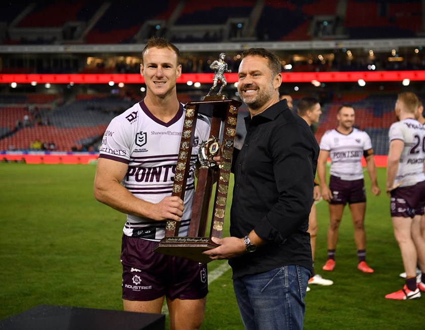 Manly captain Daly Cherry-Evans with the Malcolm Reilly Trophy in 2022