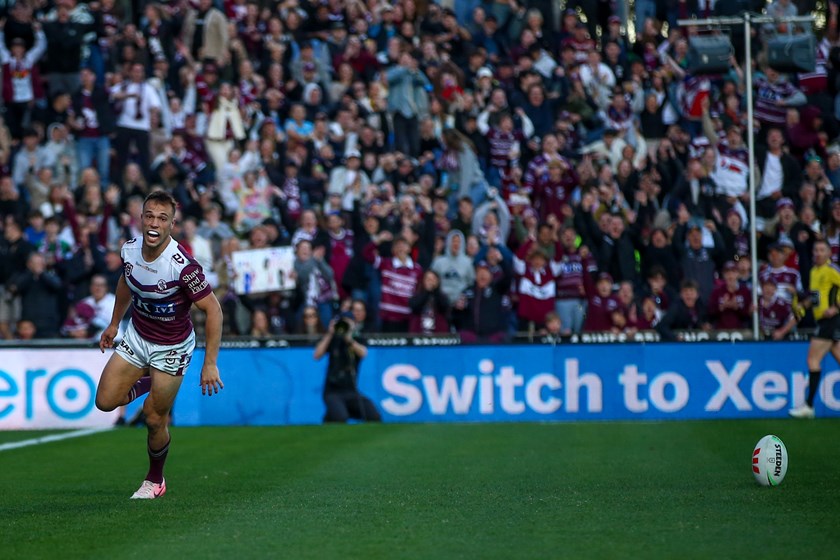 Jubilation....Luke Brooks celebrates his superb try