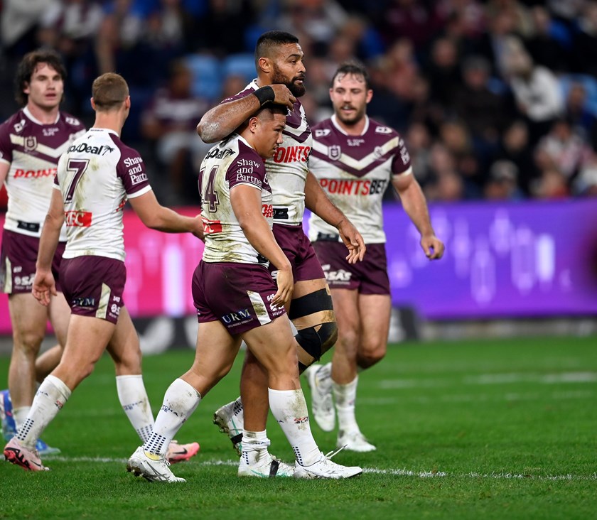 Mateship.....Toff Sipley celebrates his try with hooker Gordon Chan Kum Tong