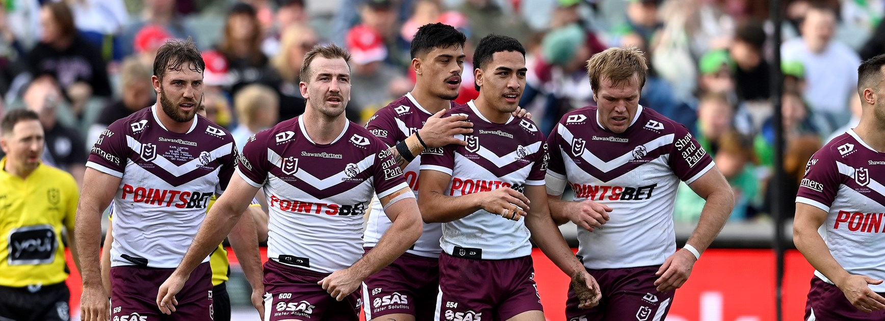 The Sea Eagles celebrate Tommy Talau's try