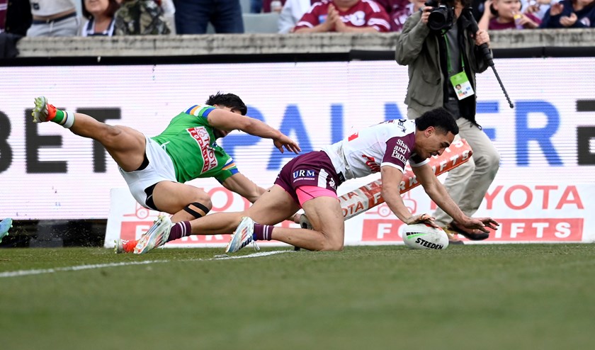 Over you go, son...Lehi Hopoate scores against the Raiders