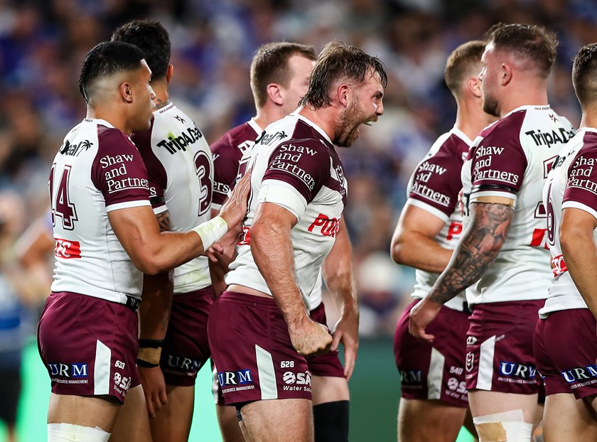 Pumped....Karl Lawton celebrates his try in the win over the Bulldogs at Accor Stadium