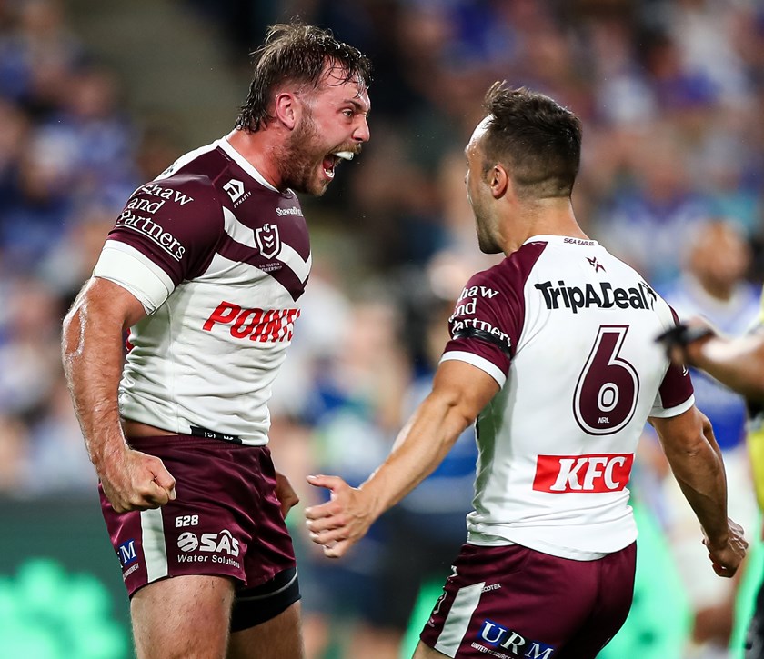 Excited....Karl Lawton celebrates his try off a superb Luke Brooks pass