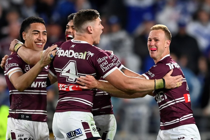 The Sea Eagles celebrate their win over the Bulldogs in their 100th finals match