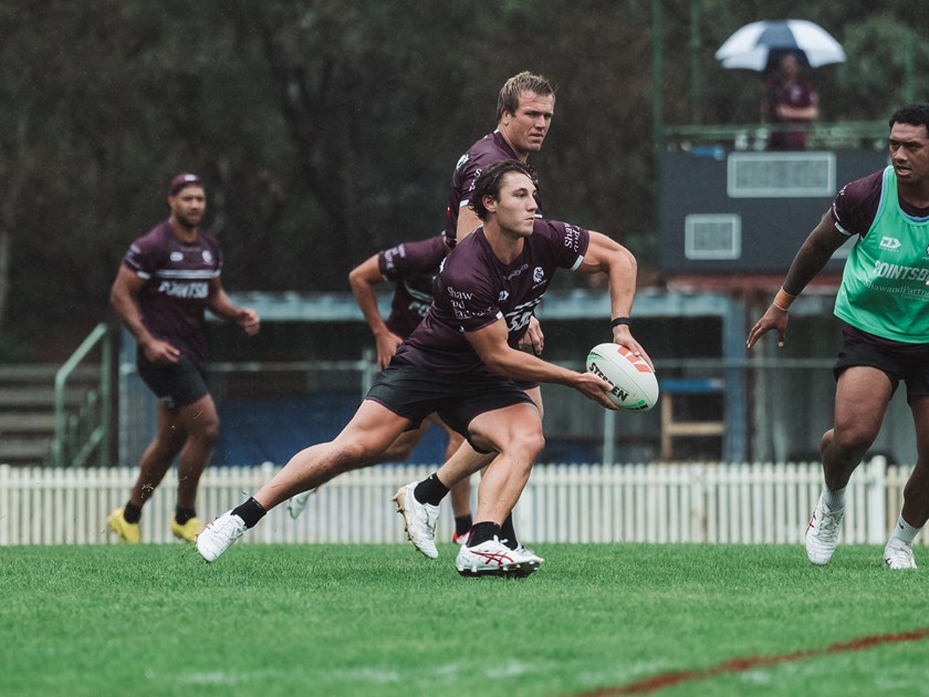 Jamie Humphreys takes off from dummy half at training in Canberra