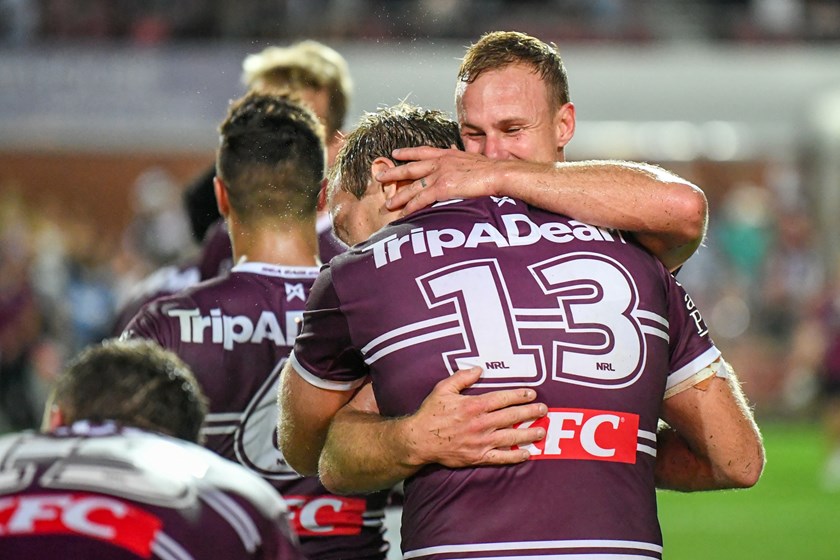 State vs State, Mate vs Mate....Daly and Jake embrace after a Sea Eagles win