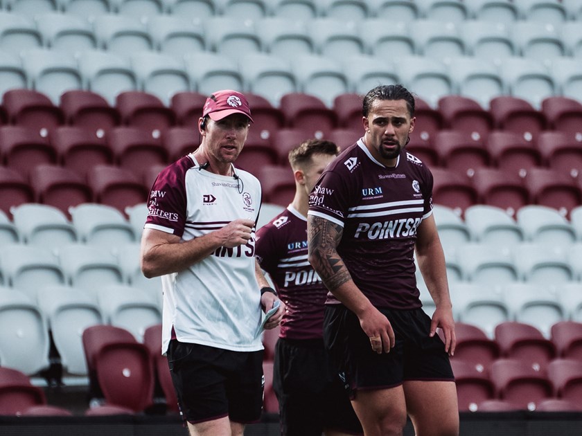 Guy Williams works with Josh Aloiai at Sea Eagles training