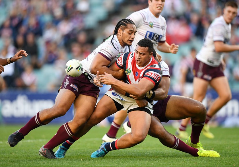 Siua Taukei’aho offloads for the Roosters against Manly in 2018